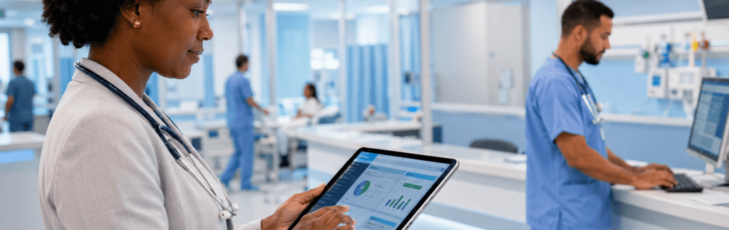 Profissional de saúde negra usando tablet com dados integrados em ambiente hospitalar moderno.