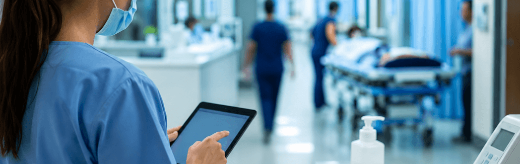 Profissional de enfermagem utilizando um tablet durante a classificação de risco em um pronto atendimento, com equipe e pacientes ao fundo em ambiente hospitalar.